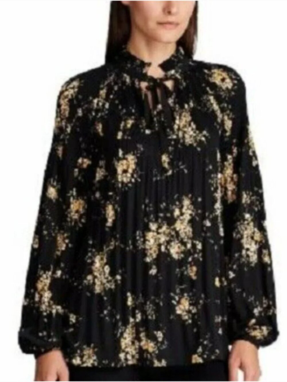 Lauren Ralph Lauren Floral Flowy Tie Mock Neck Georgette Blouse Large